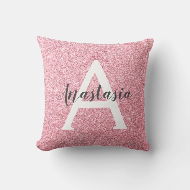 Trendig och chic roséguld glitter monogram kudde (Framsida)