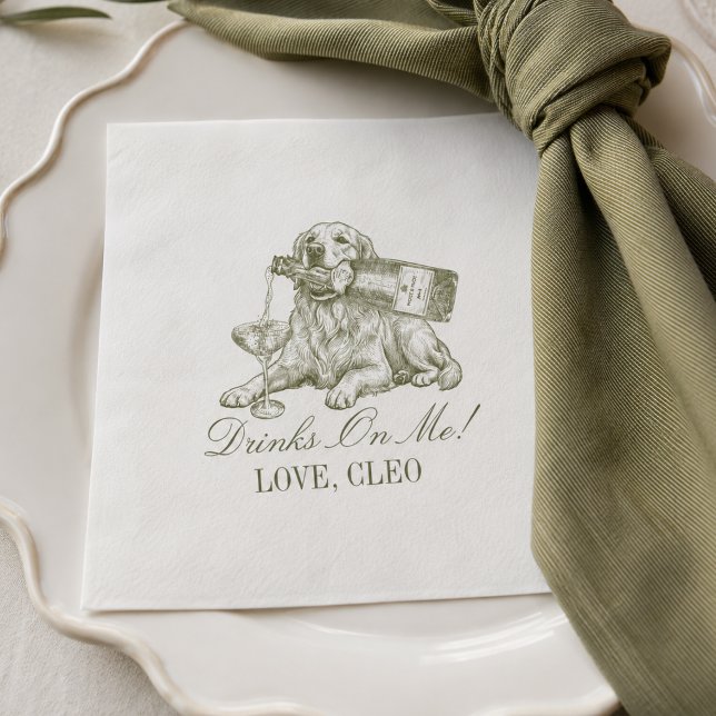Trendig olivgrön bröllopsduk för Golden Retriever Pappersservett (Preppy Olive Green Golden Retriever Wedding Napkins)