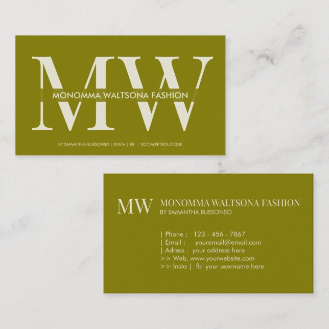 Trendig olivgrön monogram bokstavsnamn visitkort (Fram/baksida)