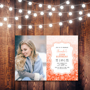 Trendig Orange Blommigt Rand Ram Photo Birthday Inbjudningar