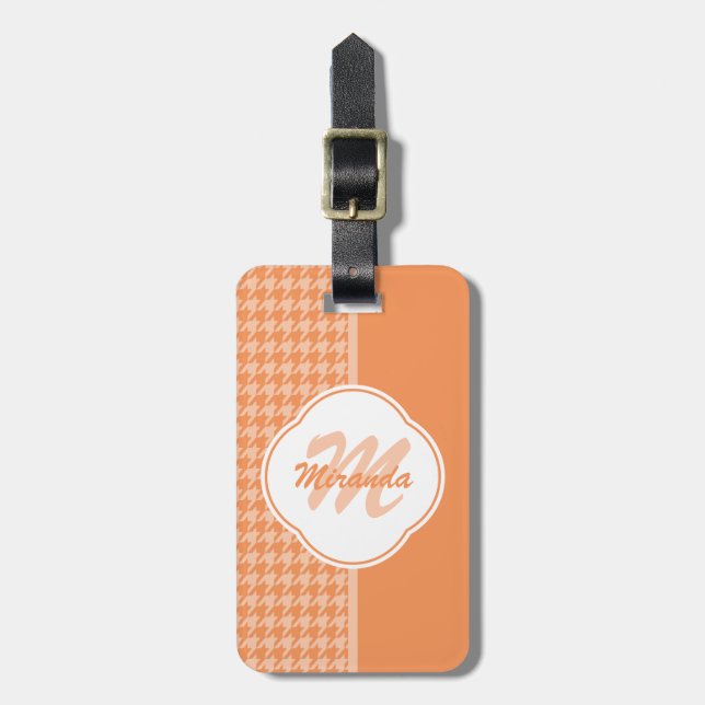 Trendig orange Houndstooth Monogram och namn Bagagebricka (Vertikal Framsida)