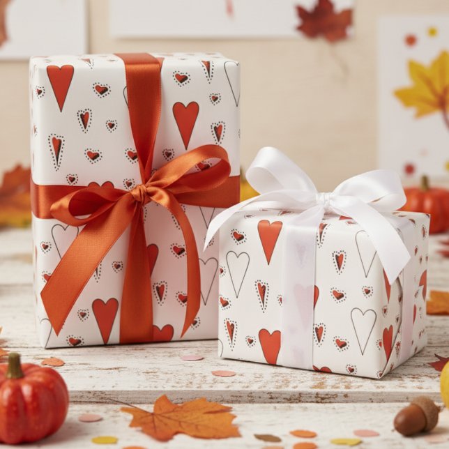 Trendig Orange och Black Cute Heart Mönster Presentpapper (Cute Fall Thanksgiving & Autumn Birthday Wrapping Paper for Kids. Cute Dark Orange Hearts Pattern )