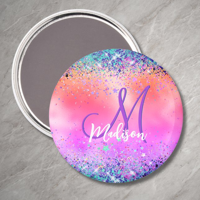 Trendig orange rosa iriserande falsk glittermonogr magnet (Skapare uppladdad)