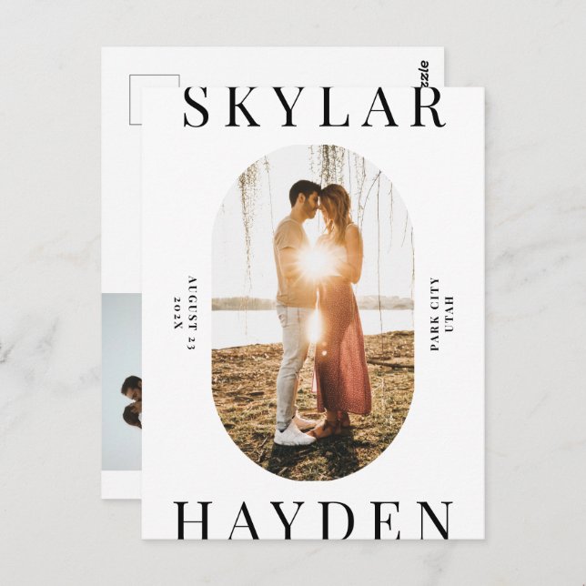 Trendig oval fotomodern postkort för "Save the Dat Vykort (Fram/baksida)