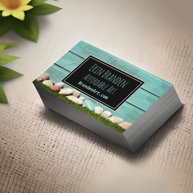 Trendig Pastel Teal Aqua Sten & Wood Artsy Design Visitkort (Teal stones home and garden business cards)