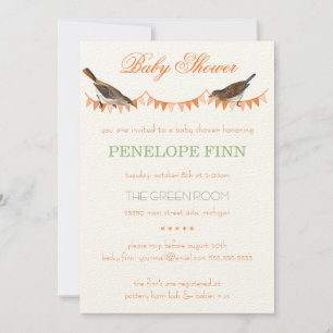 Trendig Peach Grönt Bunting Bird Baby Shower Inbjudningar