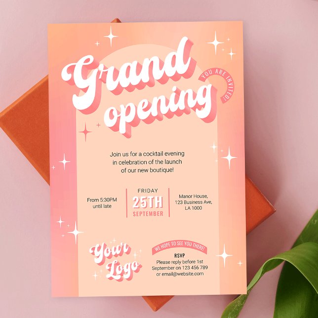 Trendig Peach Rosa Salon Spa Boutique Grand Open Inbjudningar (Create modern and fun business launch event invitations with this Retro Groovy Business Invitation)