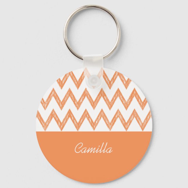 Trendig Pencil Orange Chevron Zigzags with Namn Nyckelring (Framsida)
