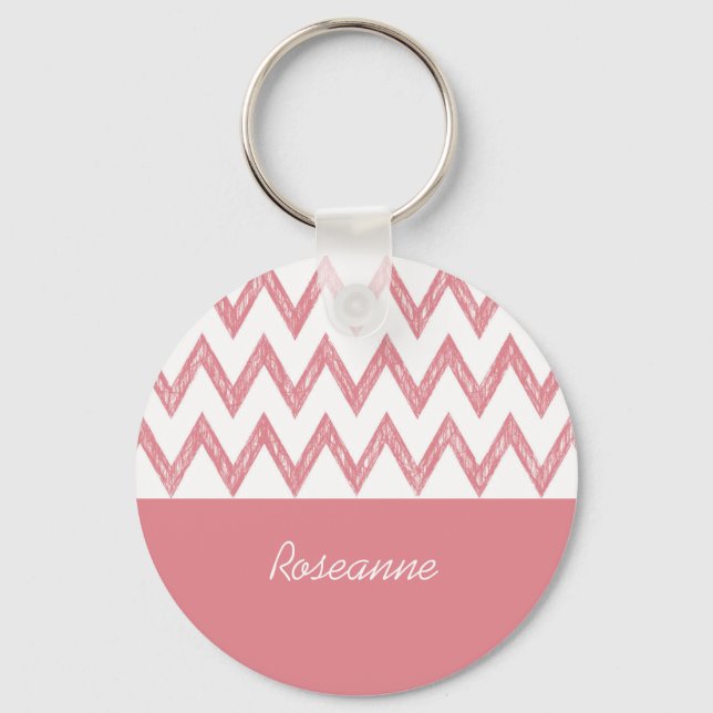 Trendig Pencil Rosa Chevron Zigzags with Namn Nyckelring (Framsida)
