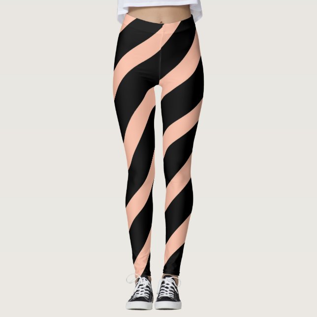 Trendig persika och svarta diagonala ränder leggings (Framsida)