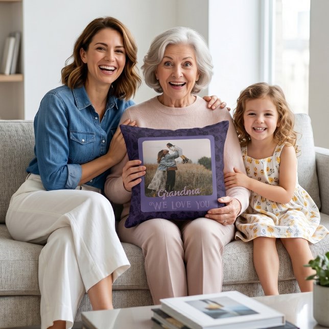 Trendig Personlig Foto Text Farmorspresent Kudde (Chic Personalized Photo Text Grandparents Gift Throw Pillow)