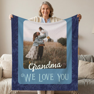 Trendig Personlig Foto Text Mormor Present Blå Fleecefilt