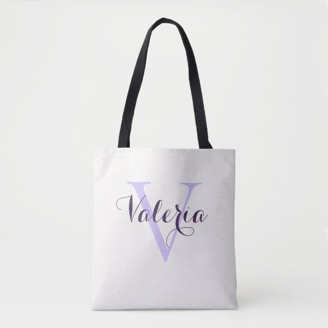 Trendig personlig lavendelfärgad monogram-handväsk tygkasse (Framsida)