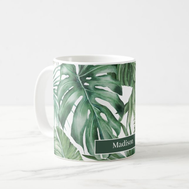 Trendig Personlig Tropical Monstera Löv Kaffemugg (Framsida vänster)