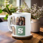 Trendig Photo Collage med Grönt Monogram Kaffemugg<br><div class="desc">Använda 3-kvadratfoton som skapar en unik och personlig gåva. Lägg till ett stort monogram och gör en personlig mugg. Om du behöver justera bilder klickar du på verktyg för att anpassa ändringar.</div>