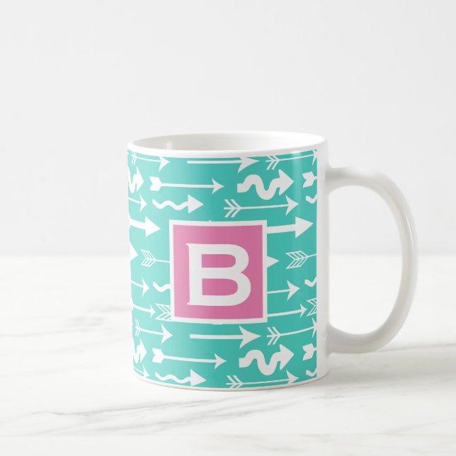Trendig Pil Mönster Teal and Rosa Monogram Kaffemugg (Höger)