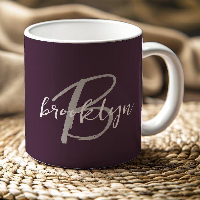 Trendig Plum Purpurgrå Vit Skrift Monogram Kaffemugg (Skapare uppladdad)