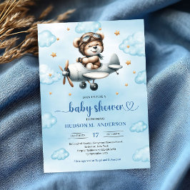 Trendig pojke shower Teddybjörn Pilot Blå Brun Inbjudningar