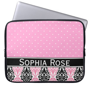 Trendig Polka Dot Damask Pattern med Namn Laptop Sleeve