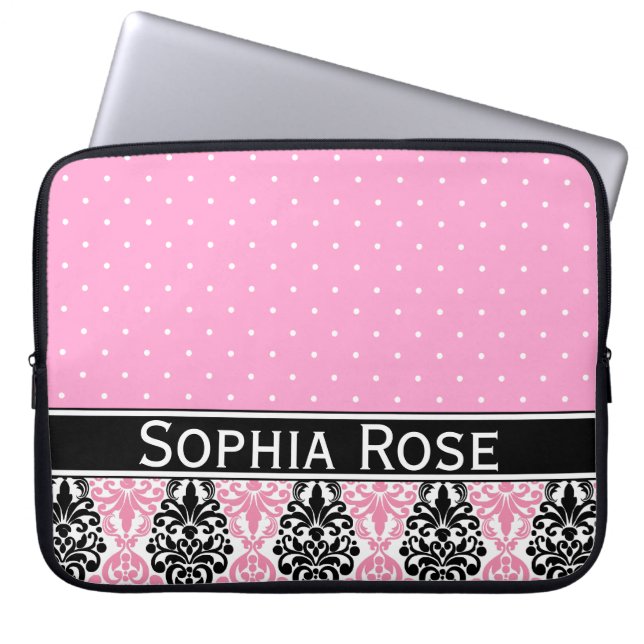 Trendig Polka Dot Damask Pattern med Namn Laptop Sleeve (Framsidan)