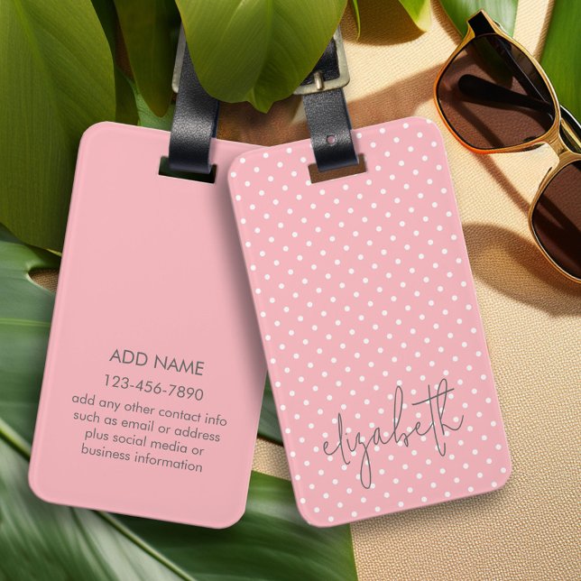 Trendig Polka Dot  rosa-skript grått namn Bagagebricka (Custom Luggage Tag - Personalized Bag Tag)