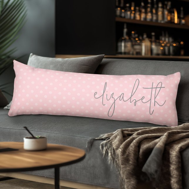 Trendig Polka Dot  rosa-skript grått namn Kroppskudde (Body Pillow with Monogram)