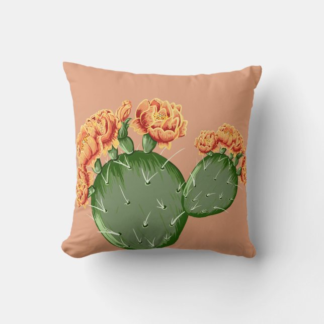 Trendig Prickly Pear Cactus & Cactus Flowers Kudde (Framsida)