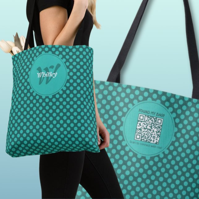 Trendig pricktema Smart Dynamisk QR-kod Tygkasse (Chic Polka Dots Theme Smart Dynamic QR Code Tote Bag Front Monogram & Name)