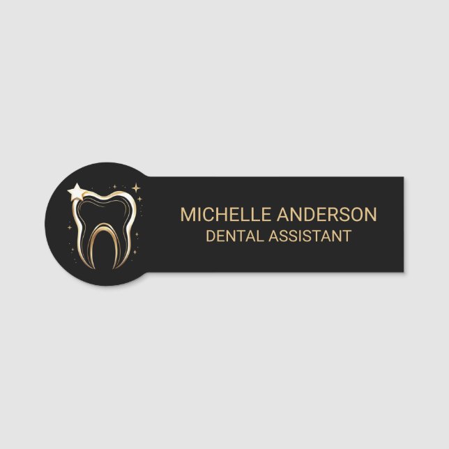 Trendig Professionell Dental Assistant Black Guld Namnbricka (Framsida)