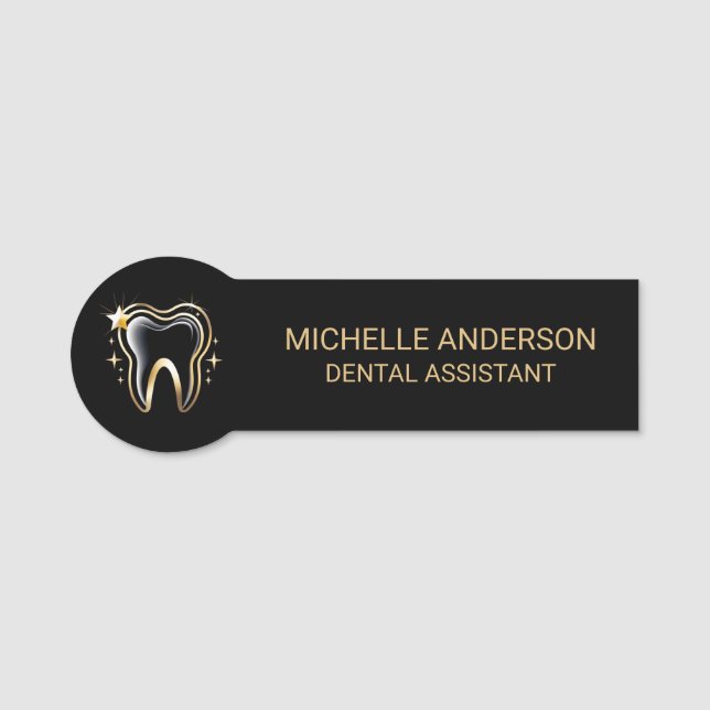 Trendig Professionell Dental Assistant Black Guld Namnbricka (Framsida)