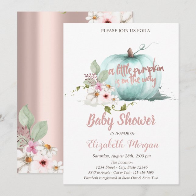 Trendig pumpa, blommor rose gold baby shower inbjudningar (Fram/baksida)