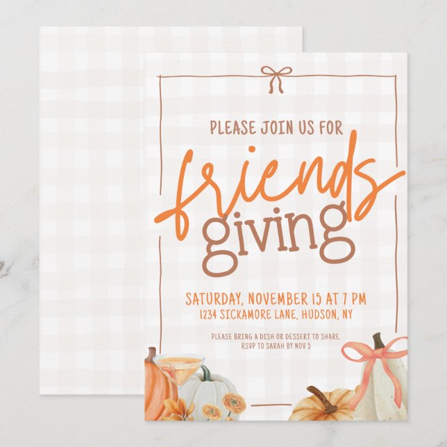 Trendig Pumpkin Bow Play Friendsgiving-inbjudan Inbjudningar (Fram/baksida)