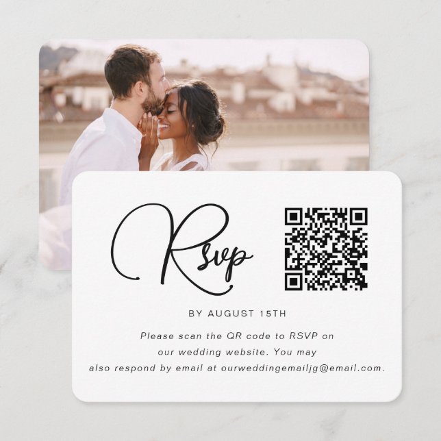 Trendig QR-kod för fotoOSA i svartvitt Bröllop OSA Kort (Fram/baksida)