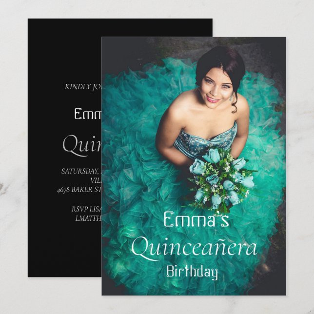Trendig Quinceañera-Födelsedagsfestens fotoinbjuda (Fram/baksida)