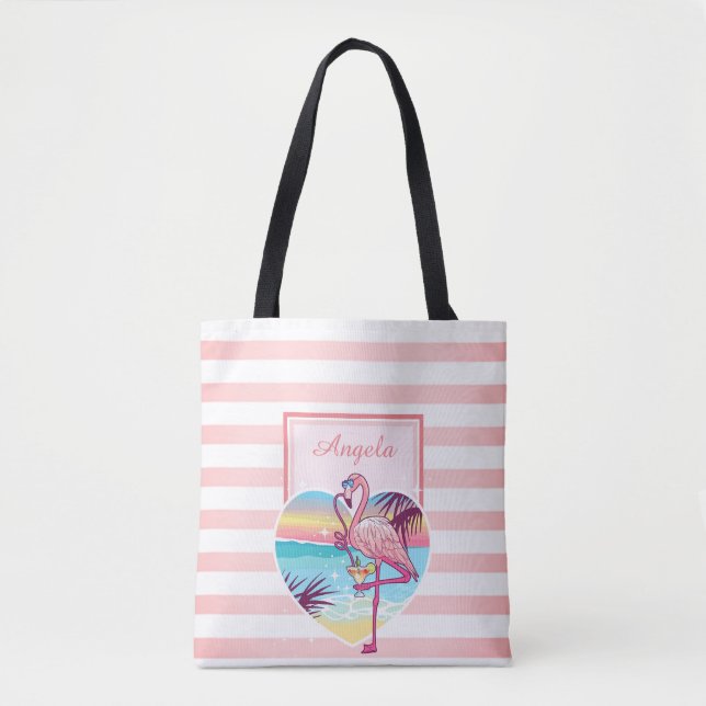 Trendig randig, flamingo, cocktail -personlig tygkasse (Framsida)