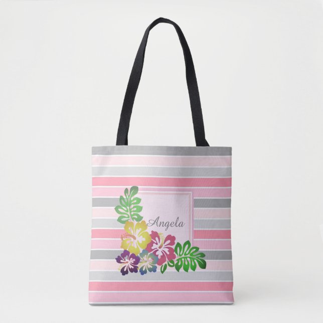 Trendig randig, hawaii hibiskus -personlig tygkasse (Framsida)