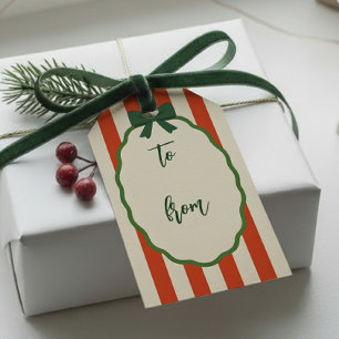 Trendig randig röd och grön retro God Jul Presentetikett