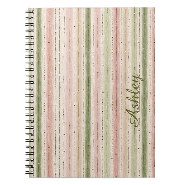 Trendig randig rosa grön monogram anteckningsbok (Framsidan)