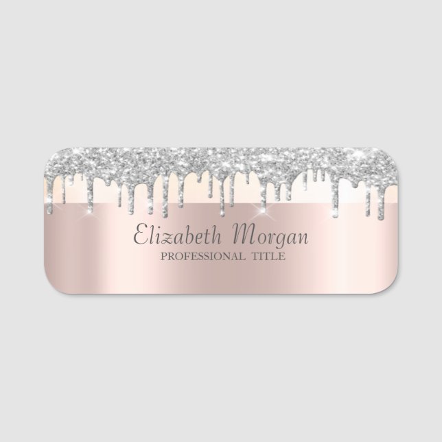 Trendig, randig silverglitter som dropar, roséguld namnbricka (Framsida)