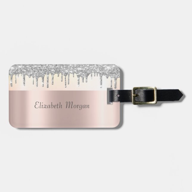 Trendig, randig silverglitterdropp, roséguld bagagebricka (Horisontell Framsida)