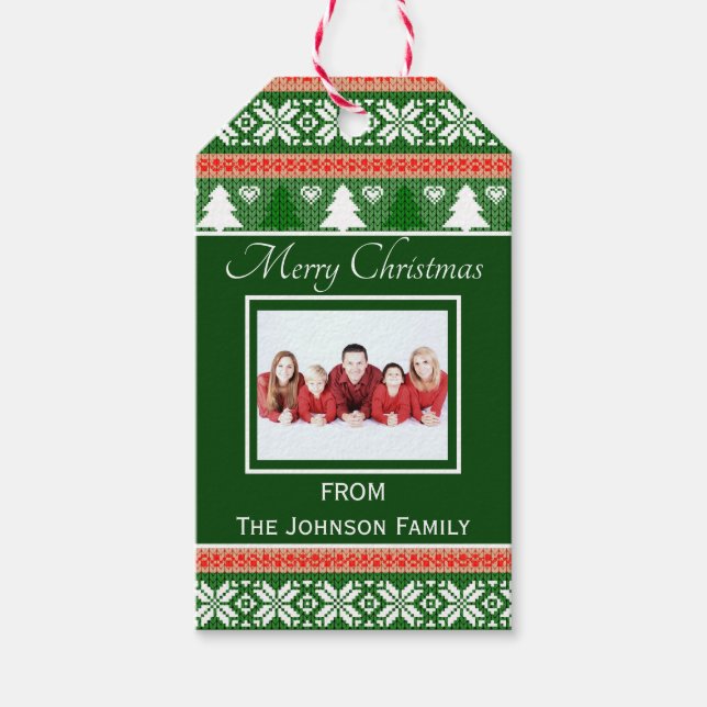 Trendig Red and Grönt Ugly jul Sweater Photo Presentetikett (Framsidan)