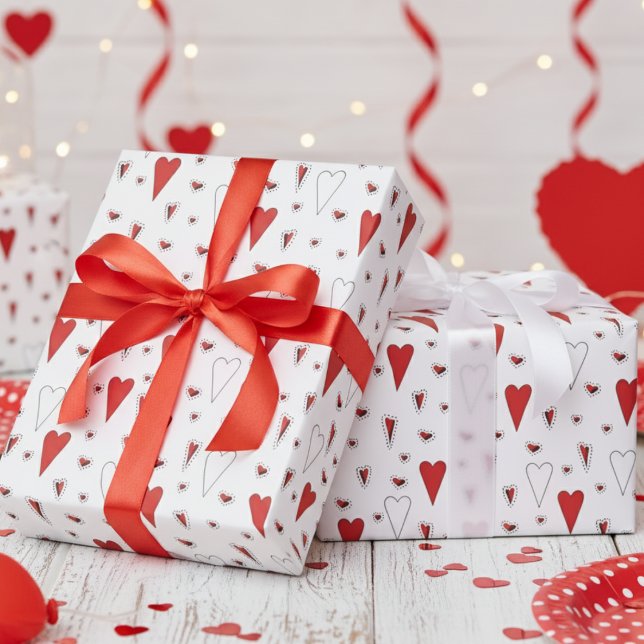 Trendig Red and White Cute Heart Mönster Presentpapper (Sweet Valentine's Day Wrapping Paper for Kids. Cute Fun Red Hearts & Polka Dots Pattern for Girl)
