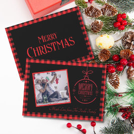 Trendig Red Black Buffalo Betalat med Family Photo Julkort