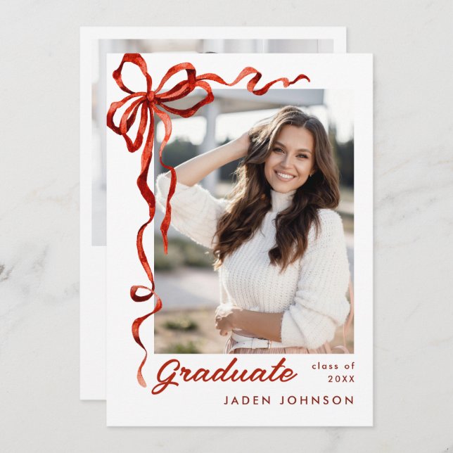 Trendig Red Bow Ribbon 2 PHOTO Studentfest Inbjudningar (Fram/baksida)
