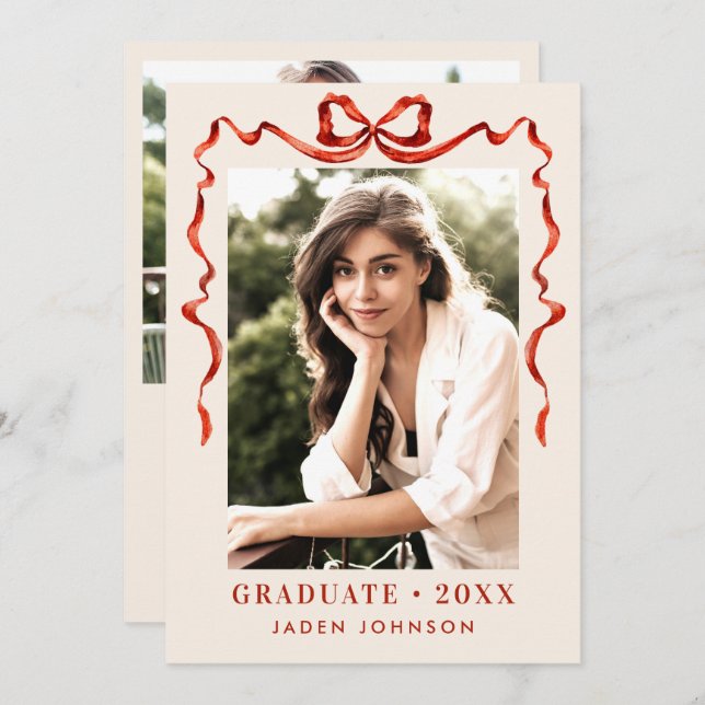 Trendig Red Bow Ribbon 2 PHOTO Studentfest Inbjudningar (Fram/baksida)