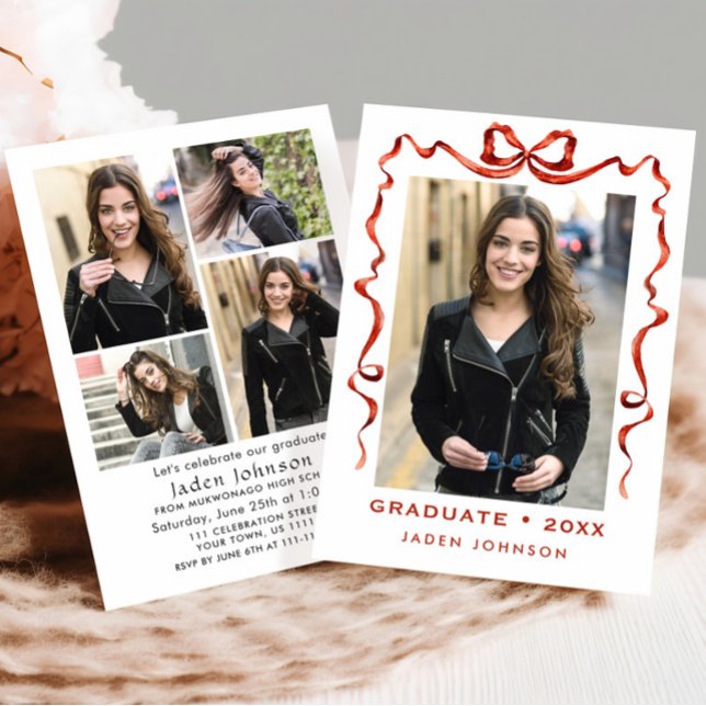 Trendig Red Bow Ribbon 5 PHOTO Studentfest Inbjudningar (Skapare uppladdad)