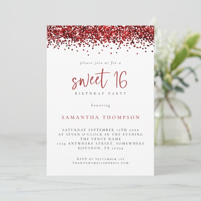 Trendig Red Glitter Sweet 16 Födelsedagsfester Inbjudningar (Stående Fram)