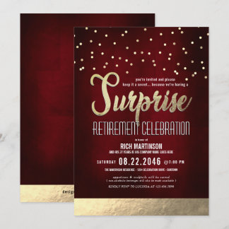 Trendig Red/Guld Surprise Pension Party Inbjudningar