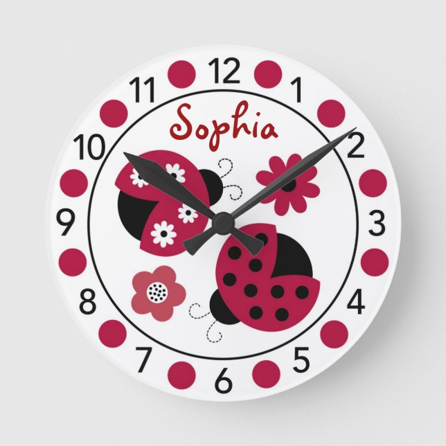Trendig Red Ladybug Personlig Nursery Wall Clock Rund Klocka (Framsida)