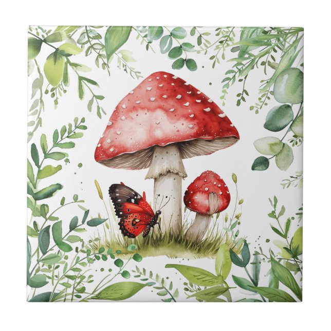 Trendig Red Mushroom med Butterfly Kakelplatta (Framsidan)